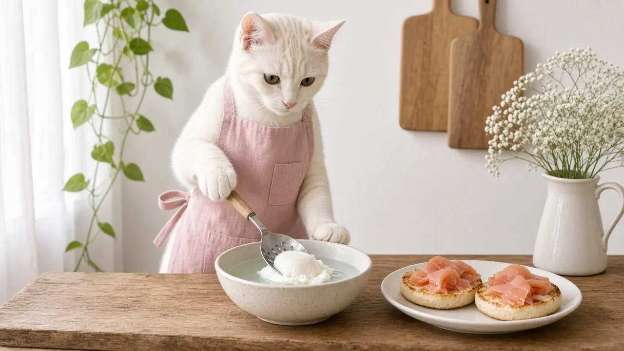 A cream-coloured cat in a pink apron, cooking this dish
