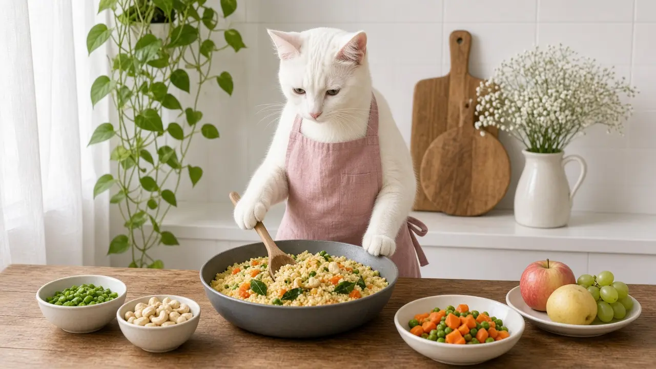 A cream-coloured cat in a pink apron, cooking this dish