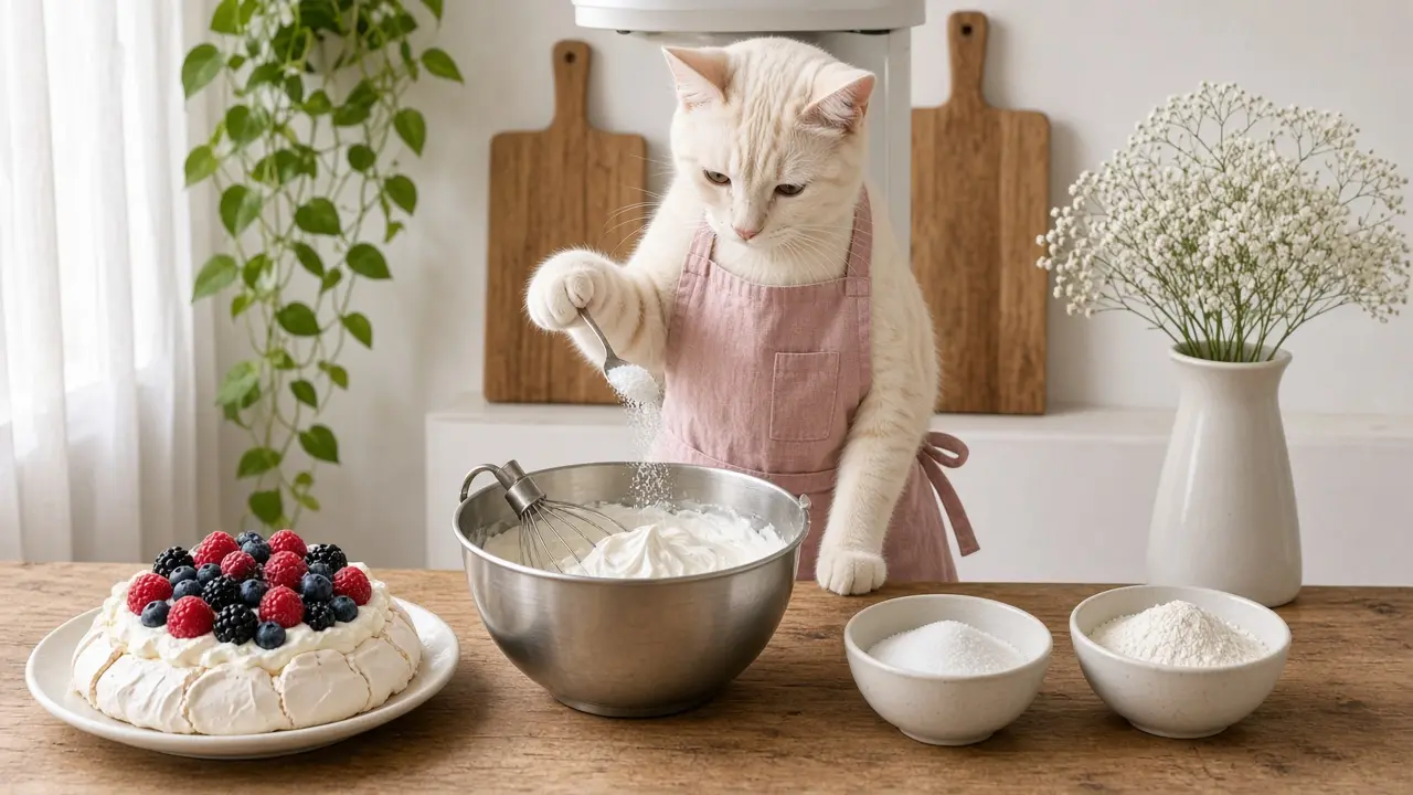 A cream-coloured cat in a pink apron, cooking this dish