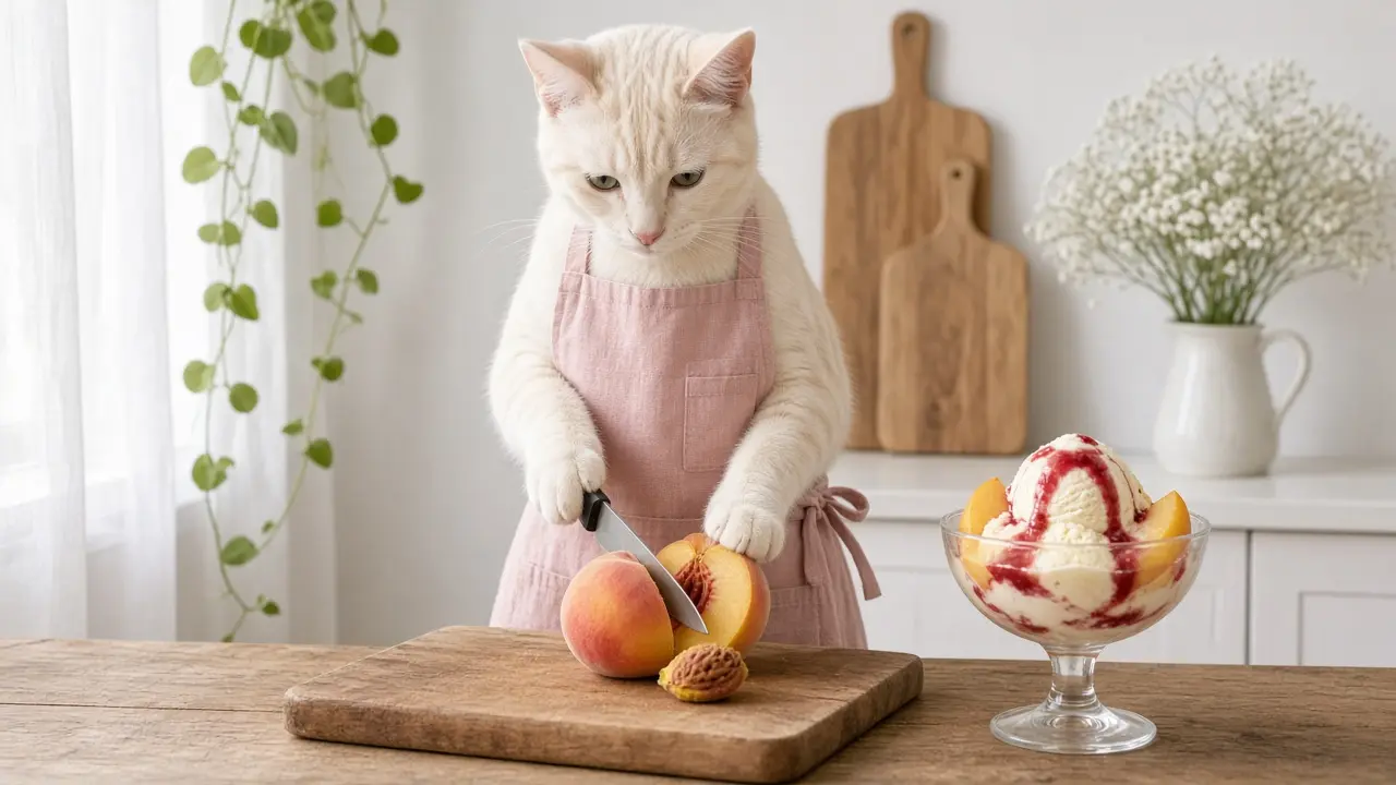 A cream-coloured cat in a pink apron, cooking this dish
