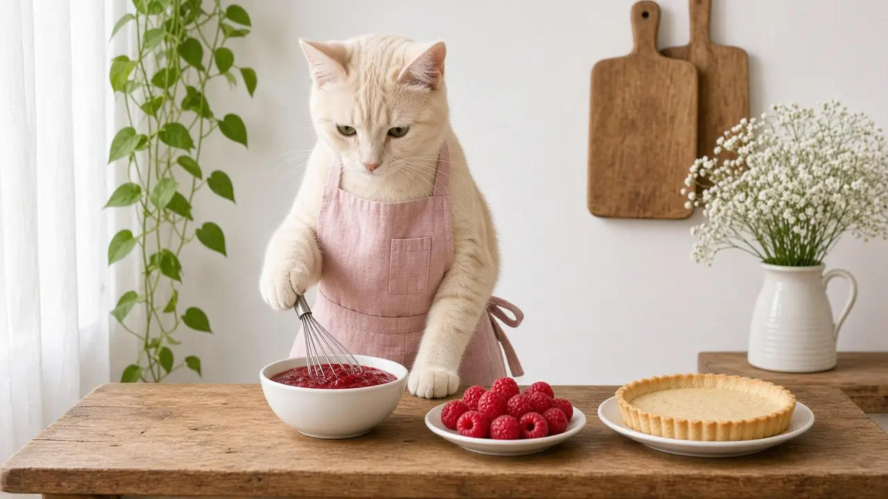 A cream-coloured cat in a pink apron, cooking this dish