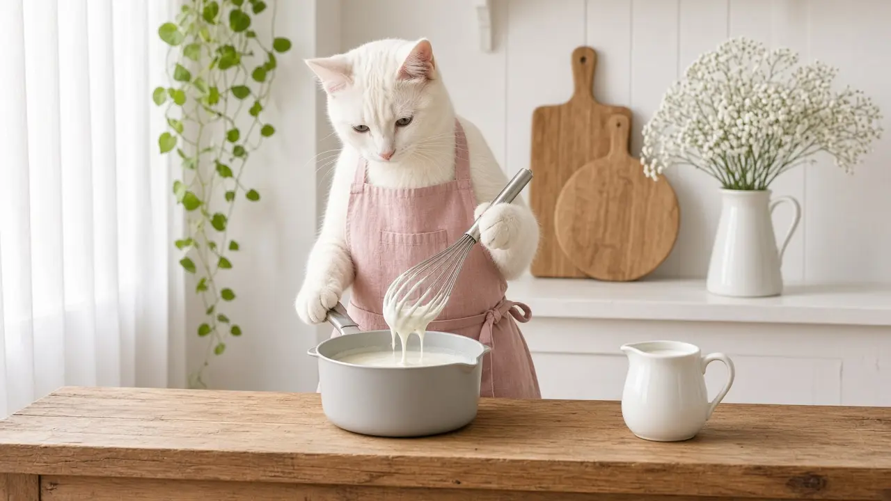 A cream-coloured cat in a pink apron, cooking this dish