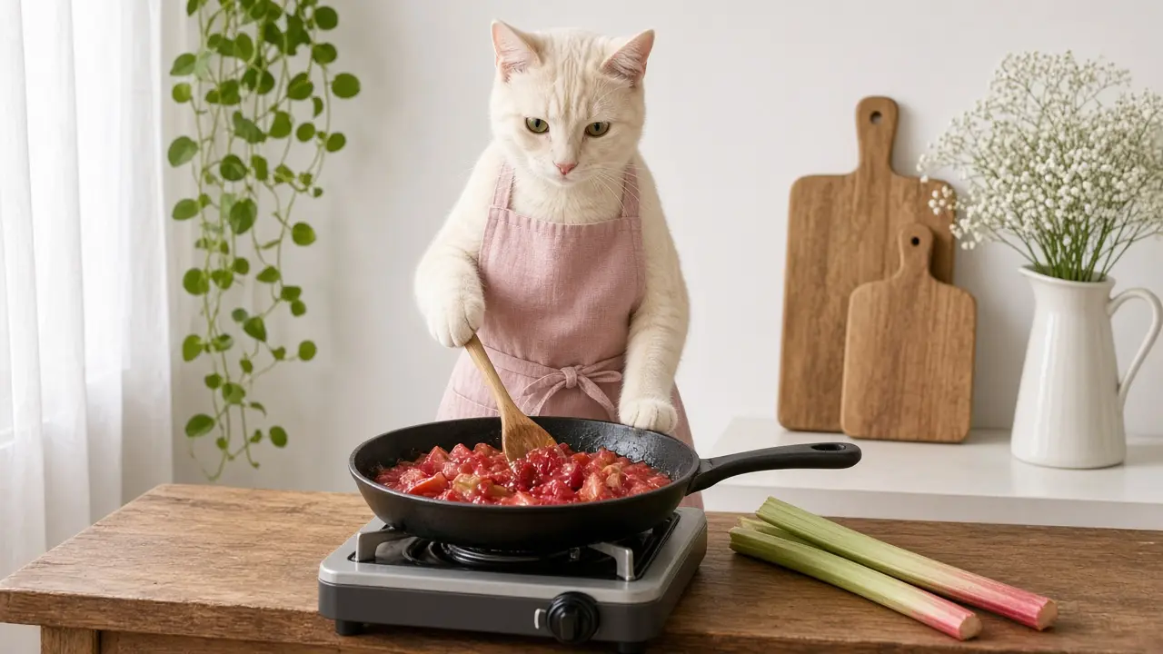 A cream-coloured cat in a pink apron, cooking this dish