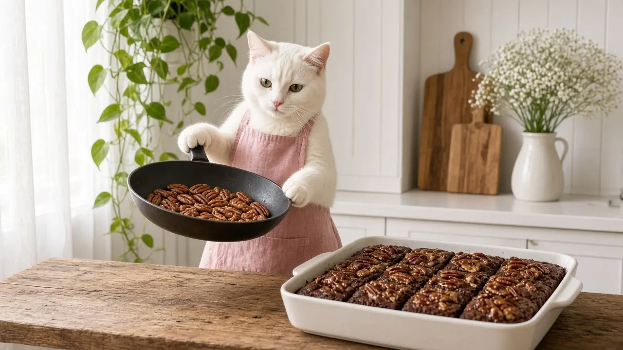 A cream-coloured cat in a pink apron, cooking this dish
