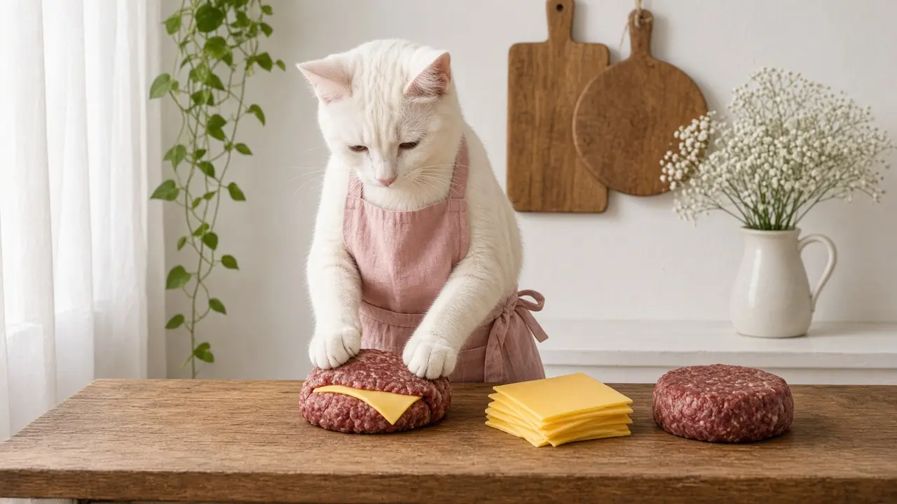 A cream-coloured cat in a pink apron, cooking this dish