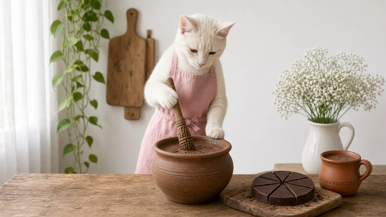 A cream-coloured cat in a pink apron, cooking this dish