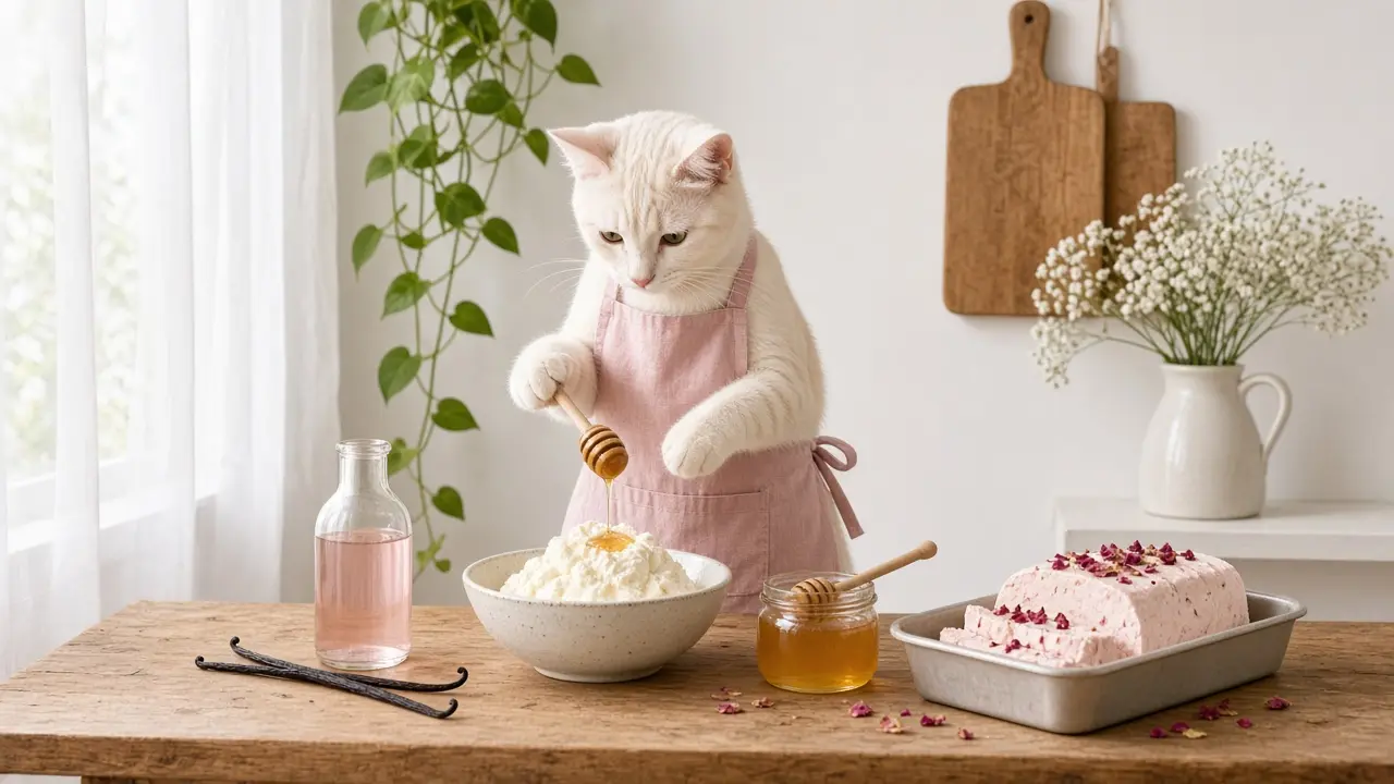 A cream-coloured cat in a pink apron, cooking this dish