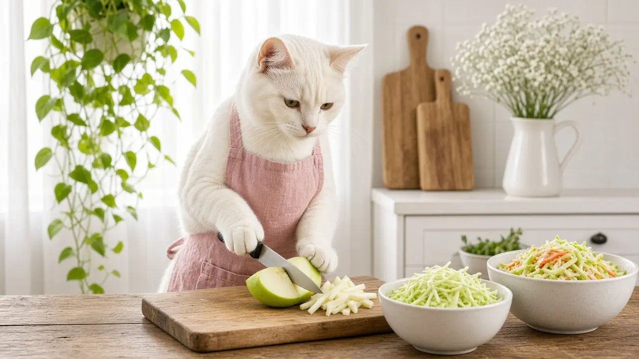 A cream-coloured cat in a pink apron, cooking this dish