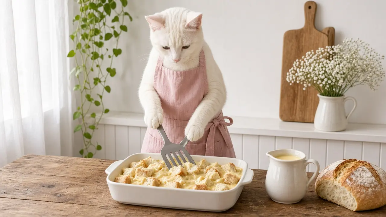 A cream-coloured cat in a pink apron, cooking this dish