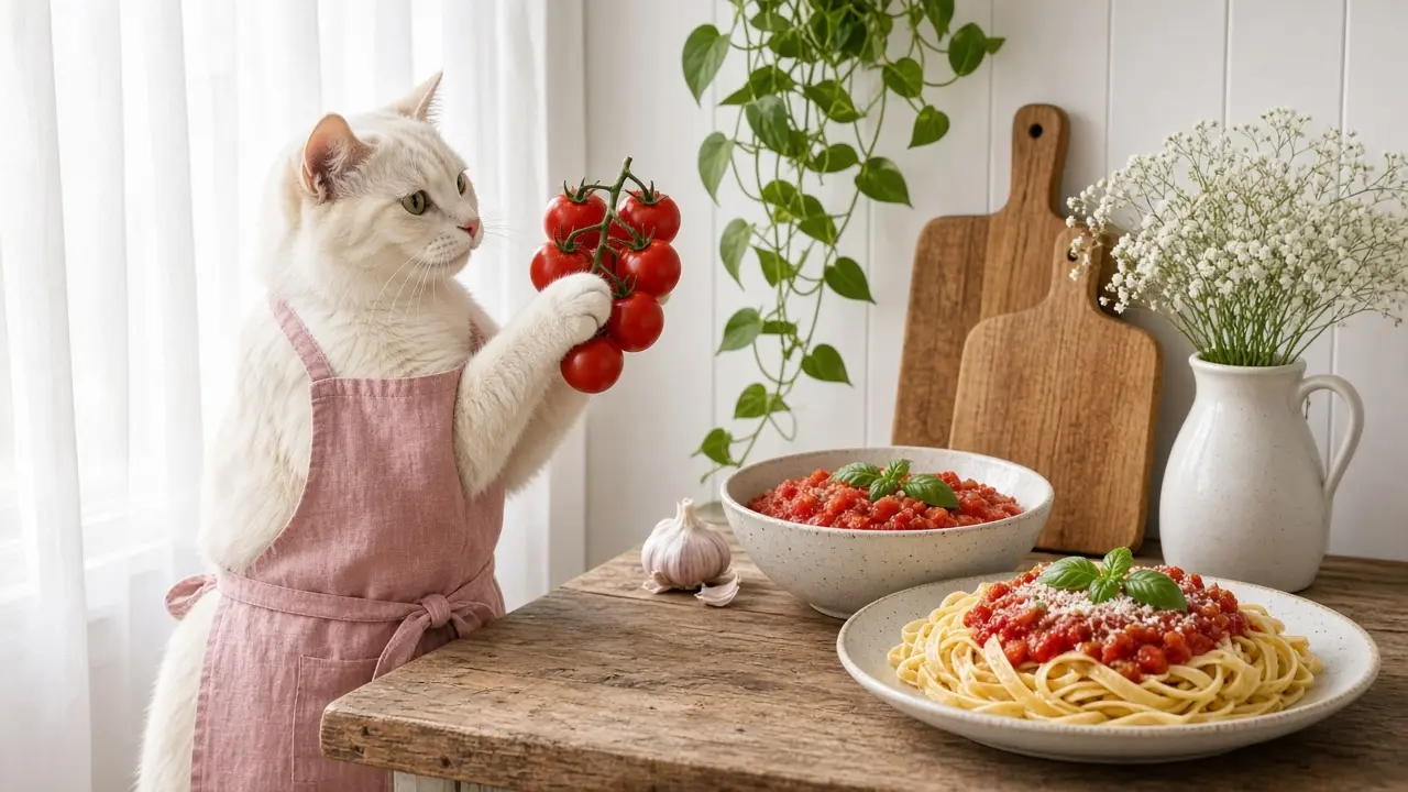 A cream-coloured cat in a pink apron, cooking this dish