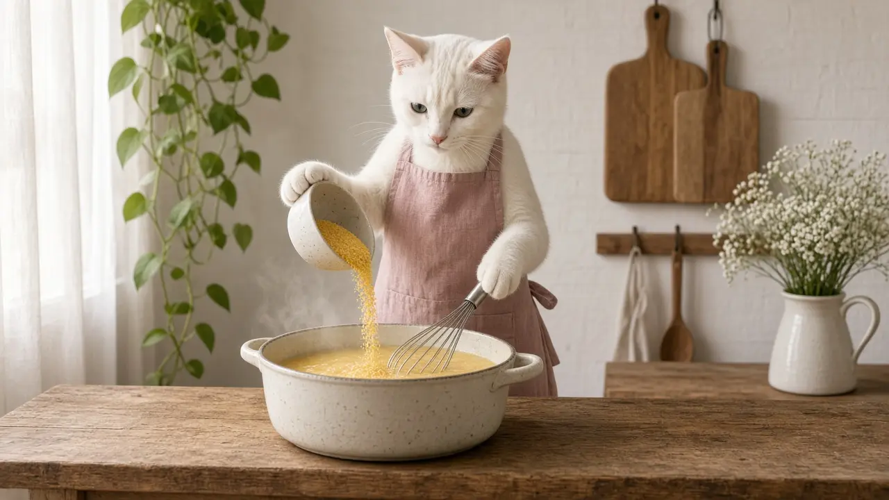 A cream-coloured cat in a pink apron, cooking this dish