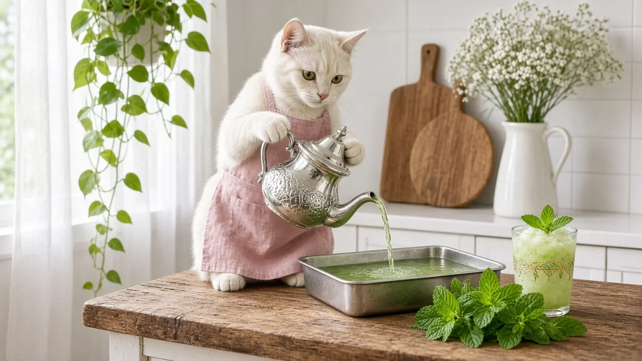 A cream-coloured cat in a pink apron, cooking this dish