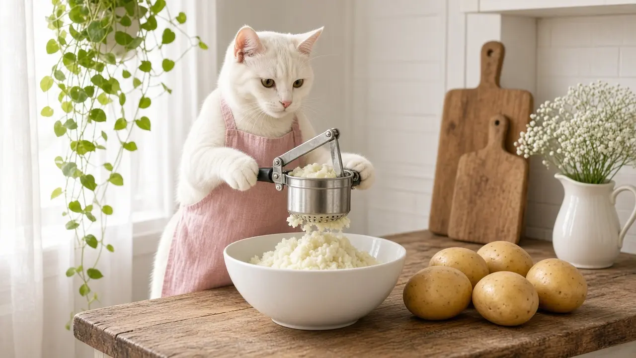 A cream-coloured cat in a pink apron, cooking this dish