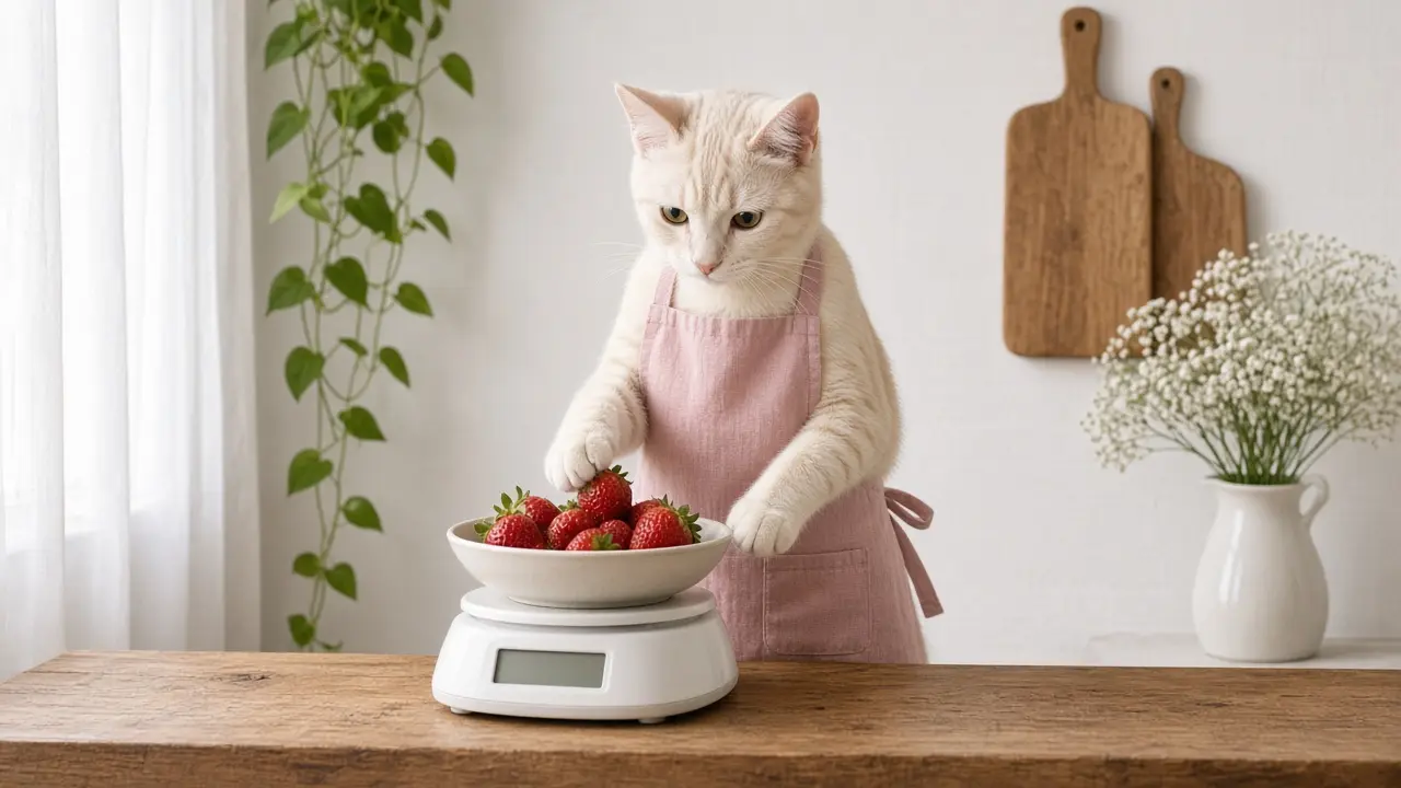 A cream-coloured cat in a pink apron, cooking this dish