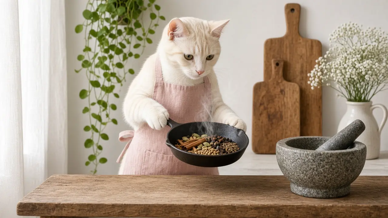 A cream-coloured cat in a pink apron, cooking this dish