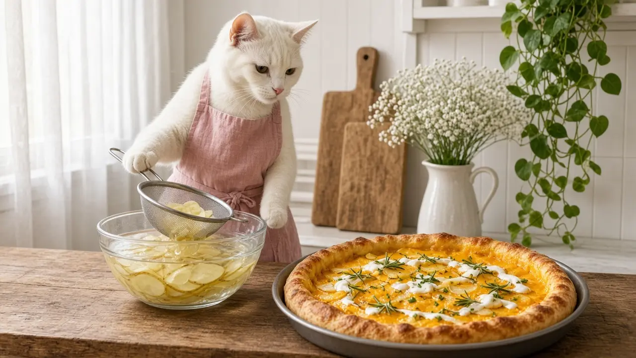 A cream-coloured cat in a pink apron, cooking this dish