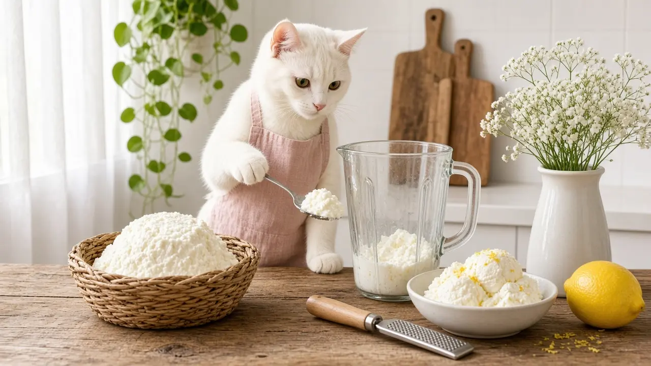 A cream-coloured cat in a pink apron, cooking this dish