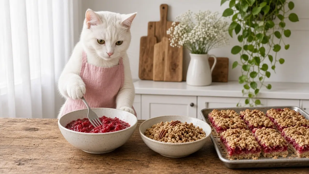 A cream-coloured cat in a pink apron, cooking this dish