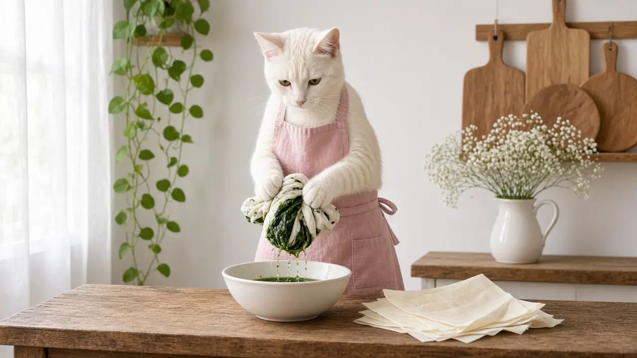 A cream-coloured cat in a pink apron, cooking this dish