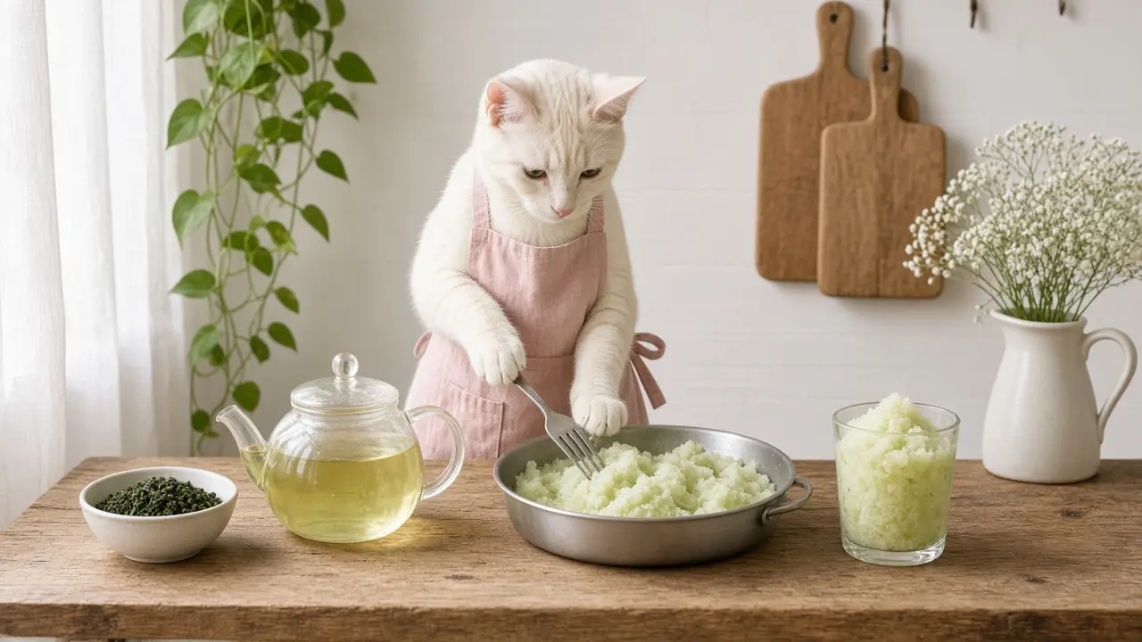 A cream-coloured cat in a pink apron, cooking this dish