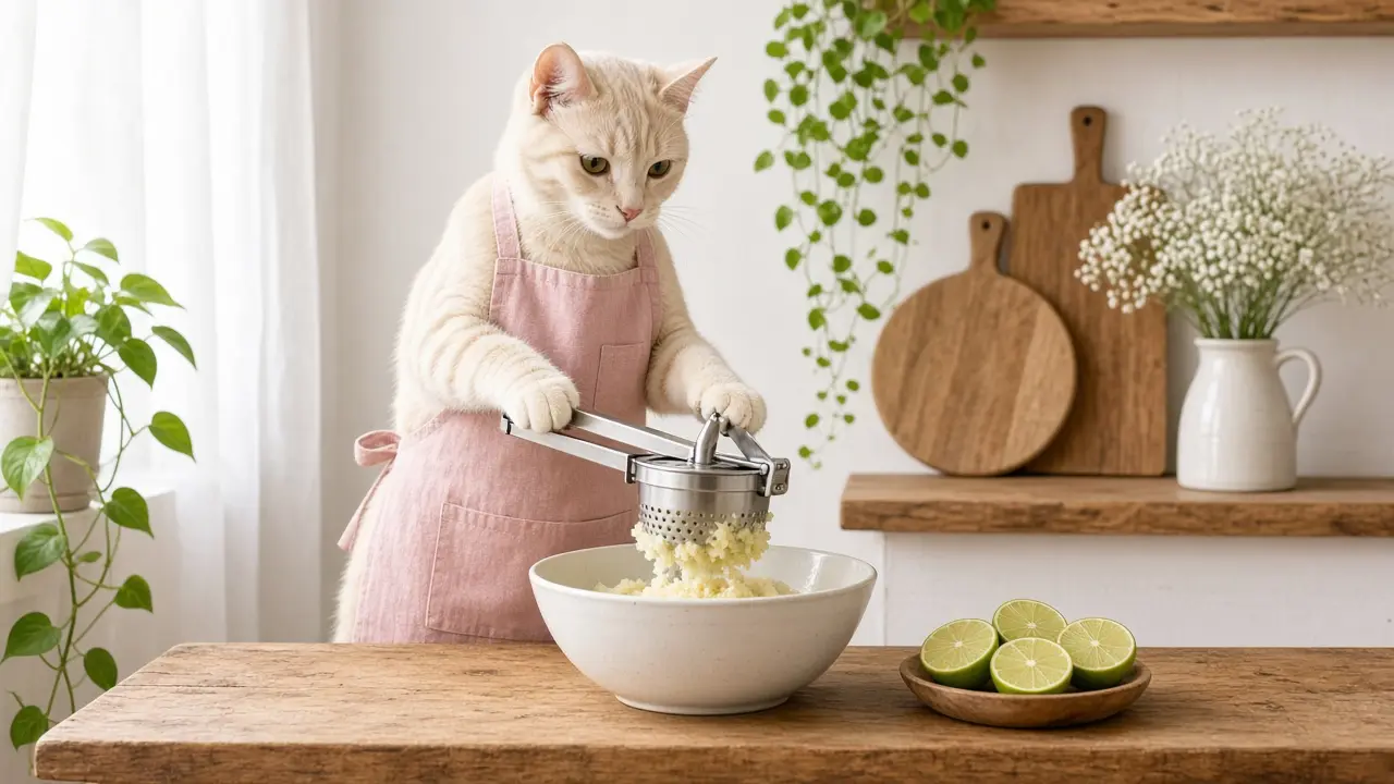 A cream-coloured cat in a pink apron, cooking this dish