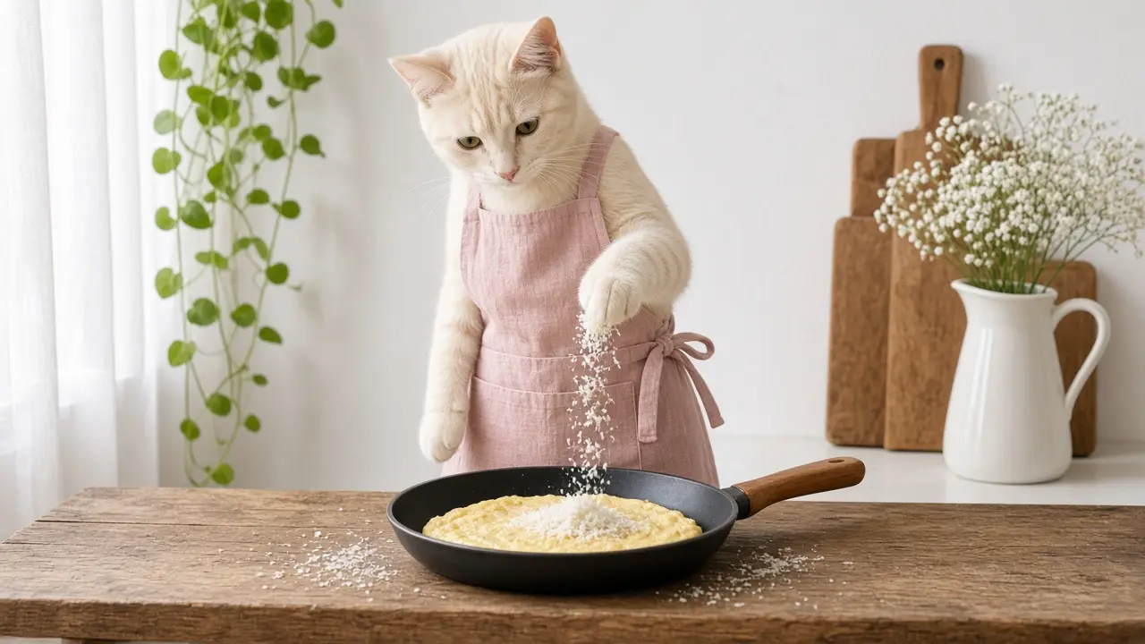 A cream-coloured cat in a pink apron, cooking this dish