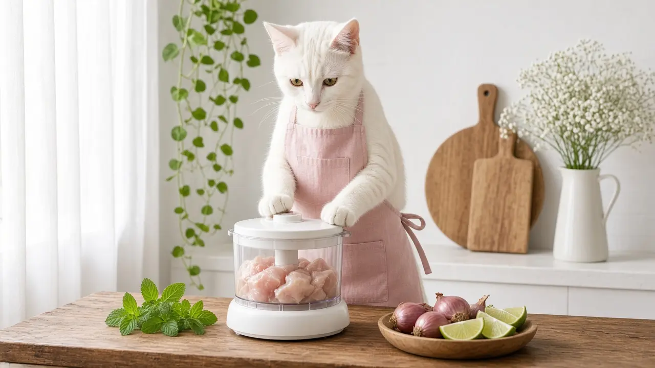 A cream-coloured cat in a pink apron, cooking this dish