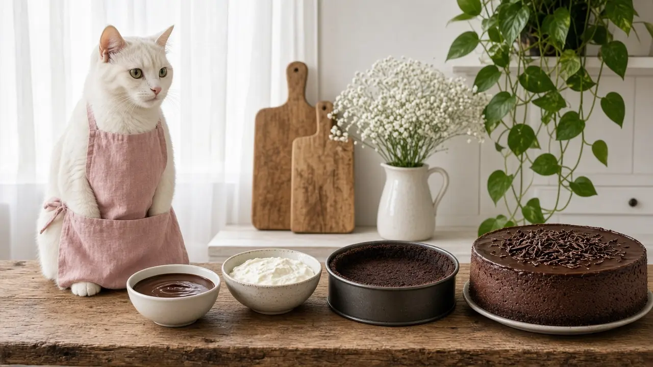 A cream-coloured cat in a pink apron, cooking this dish