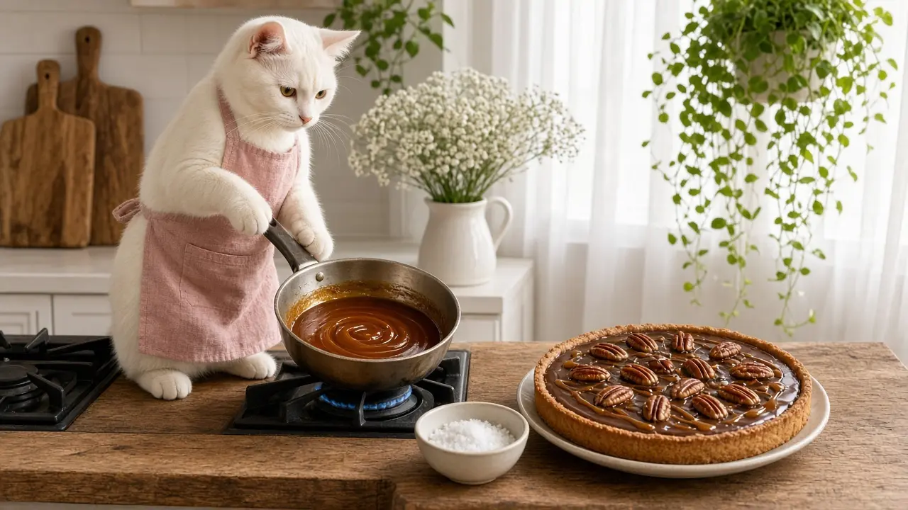 A cream-coloured cat in a pink apron, cooking this dish