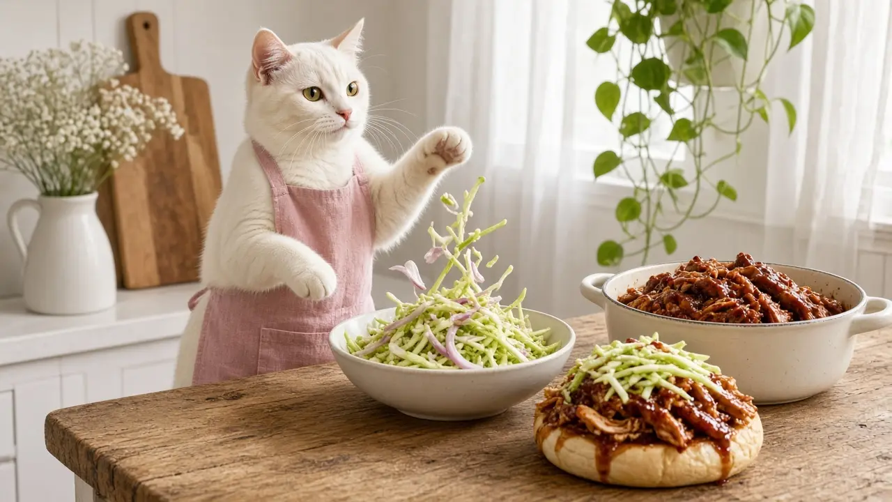 A cream-coloured cat in a pink apron, cooking this dish