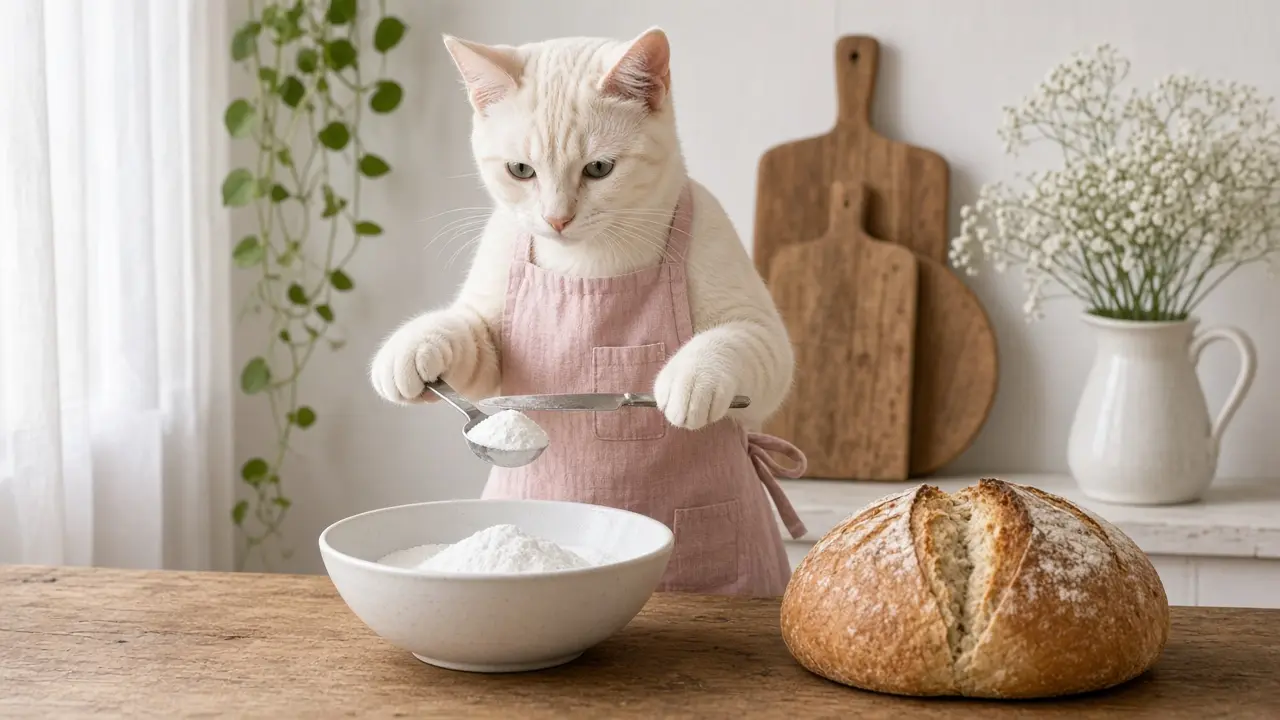 A cream-coloured cat in a pink apron, cooking this dish