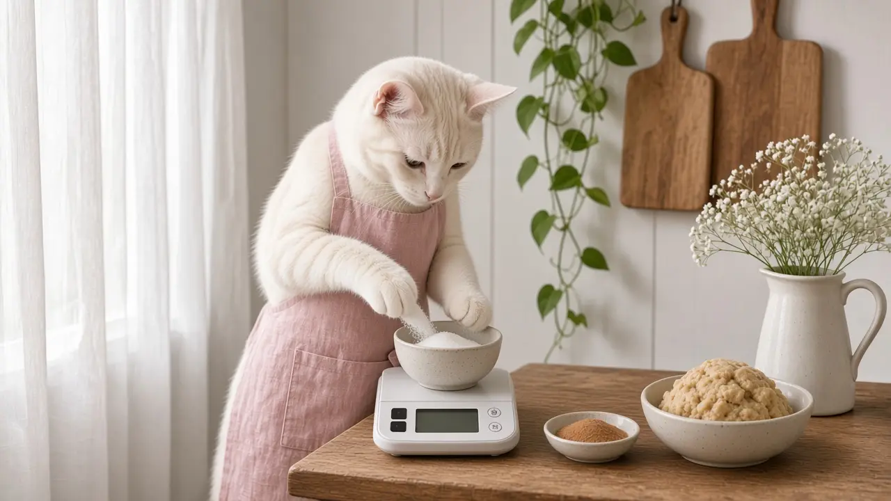 A cream-coloured cat in a pink apron, cooking this dish