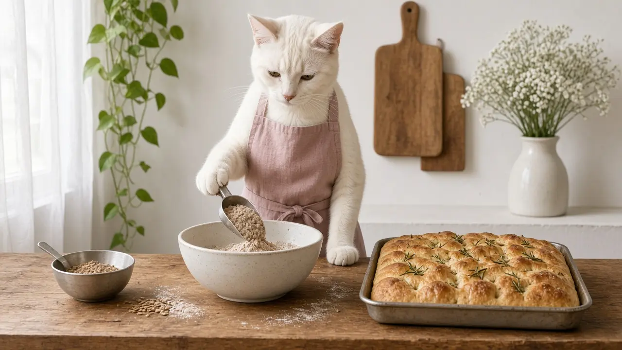 A cream-coloured cat in a pink apron, cooking this dish