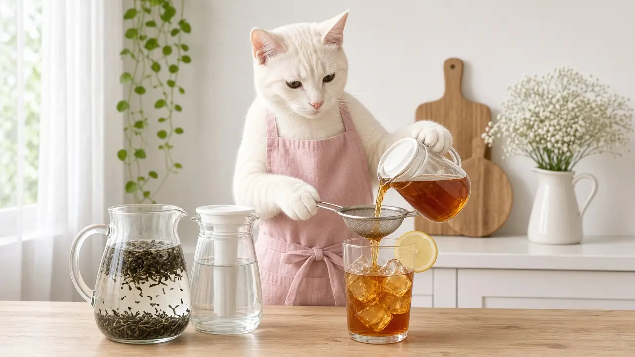 A cream-coloured cat in a pink apron, cooking this dish