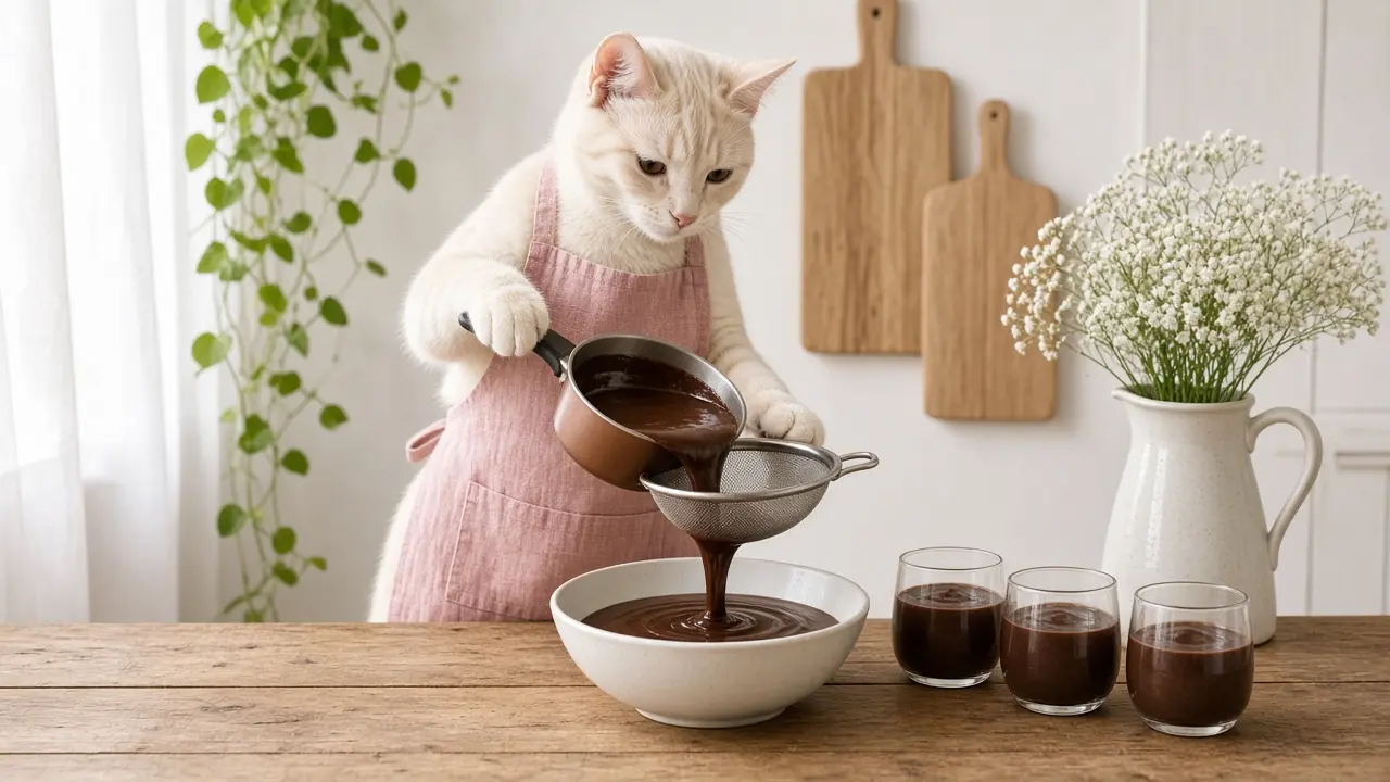 A cream-coloured cat in a pink apron, cooking this dish