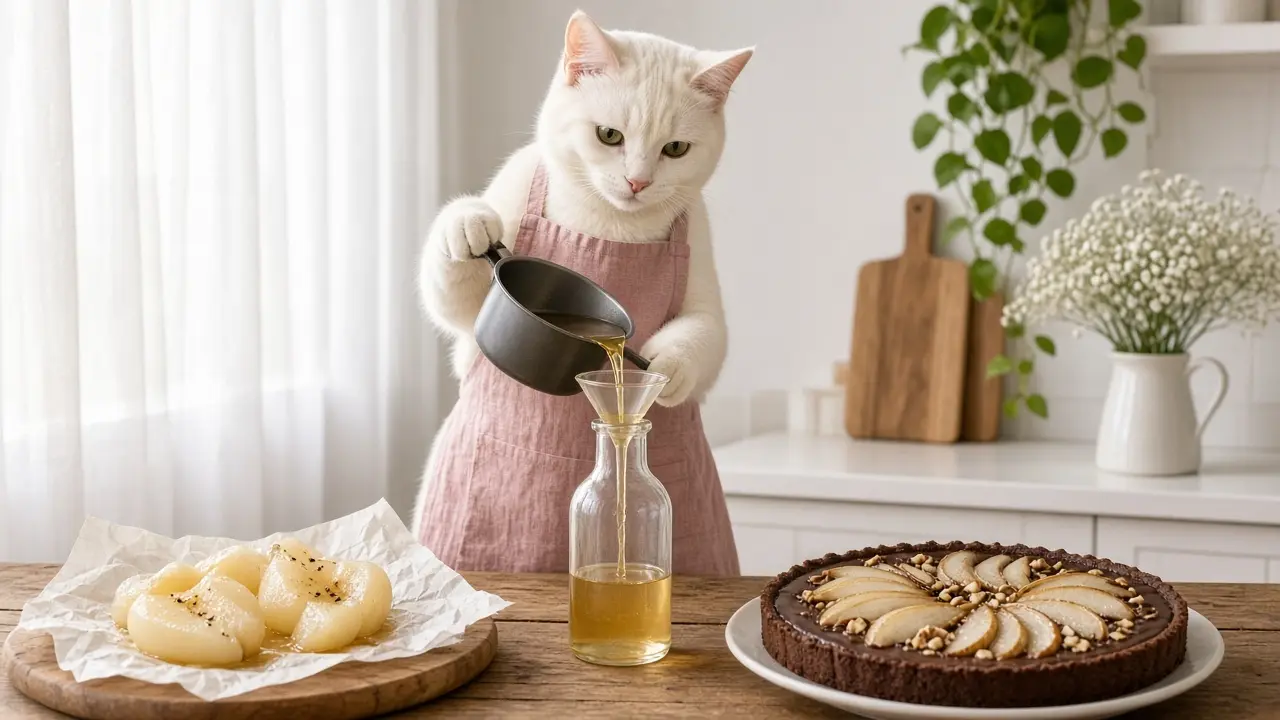 A cream-coloured cat in a pink apron, cooking this dish
