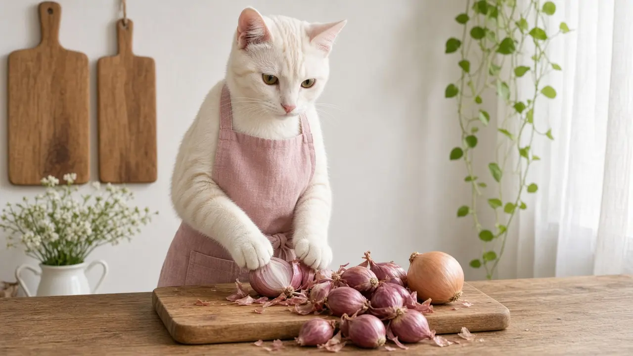 A cream-coloured cat in a pink apron, cooking this dish