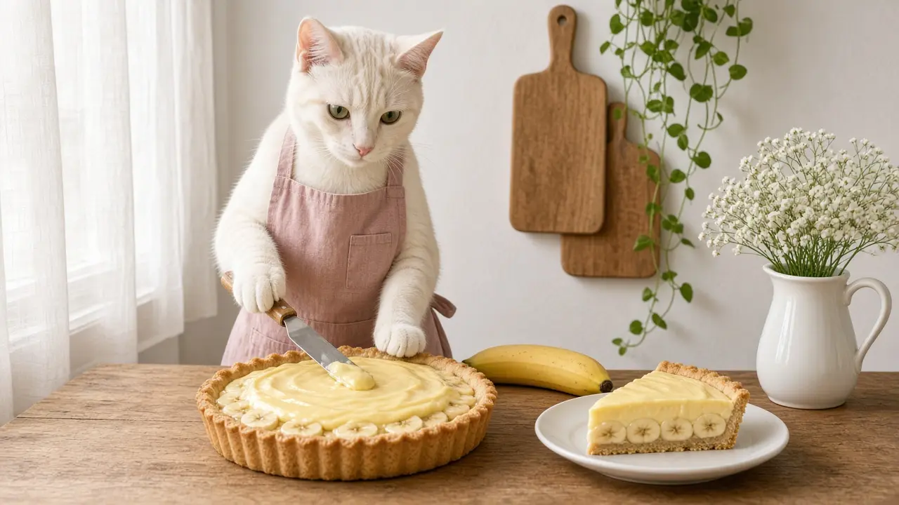 A cream-coloured cat in a pink apron, cooking this dish