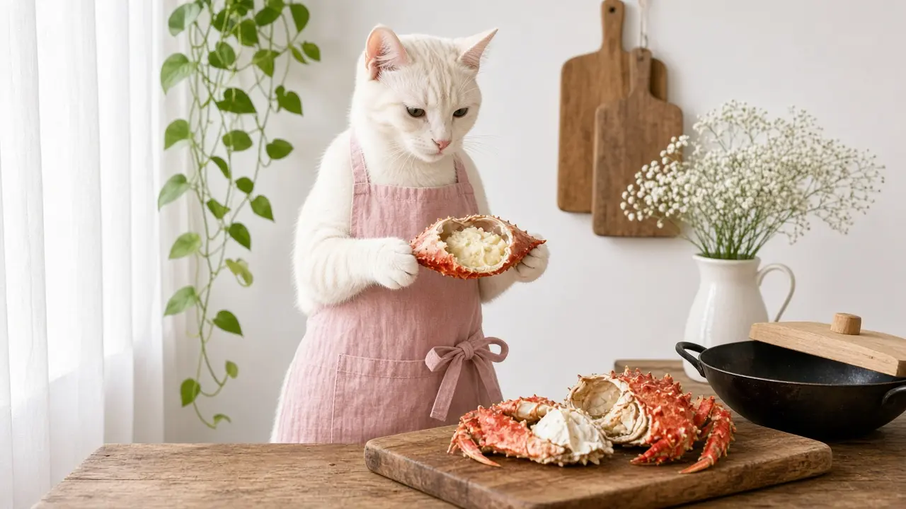 A cream-coloured cat in a pink apron, cooking this dish