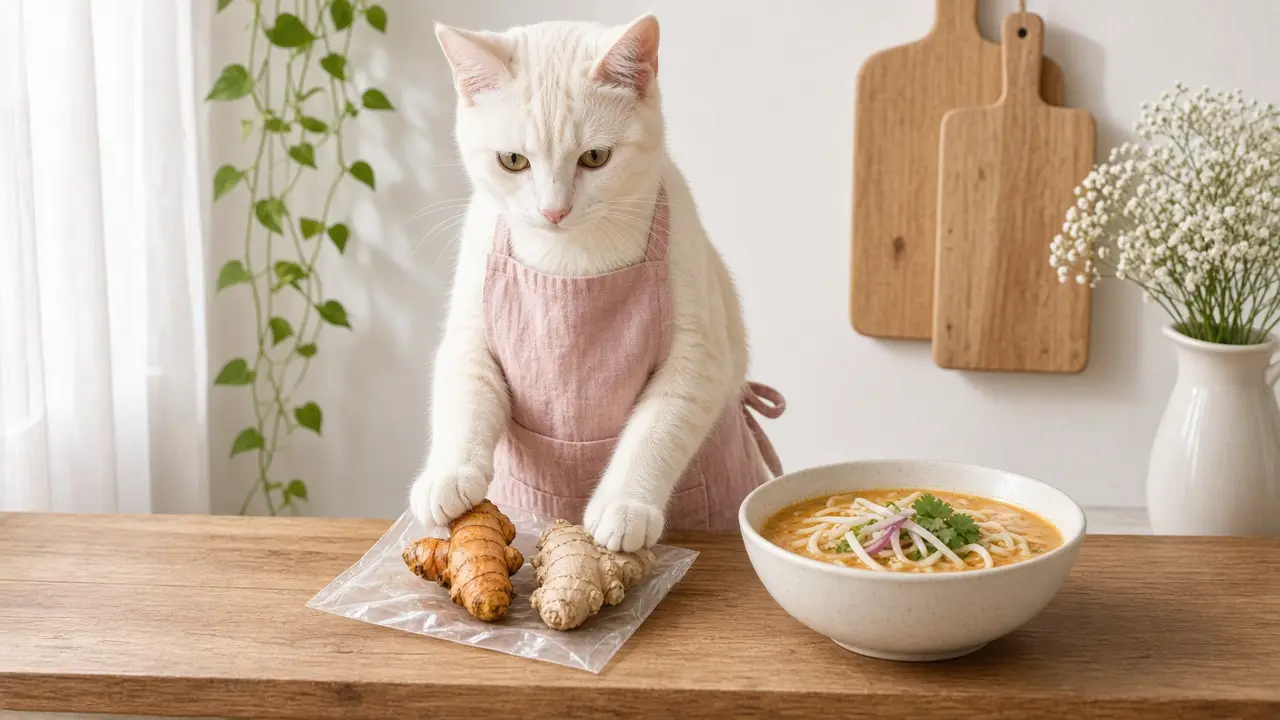 A cream-coloured cat in a pink apron, cooking this dish