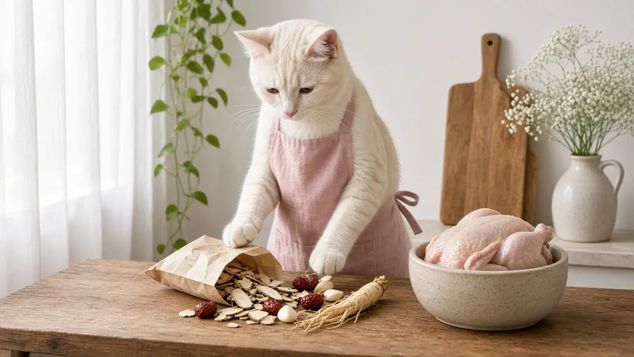 A cream-coloured cat in a pink apron, cooking this dish