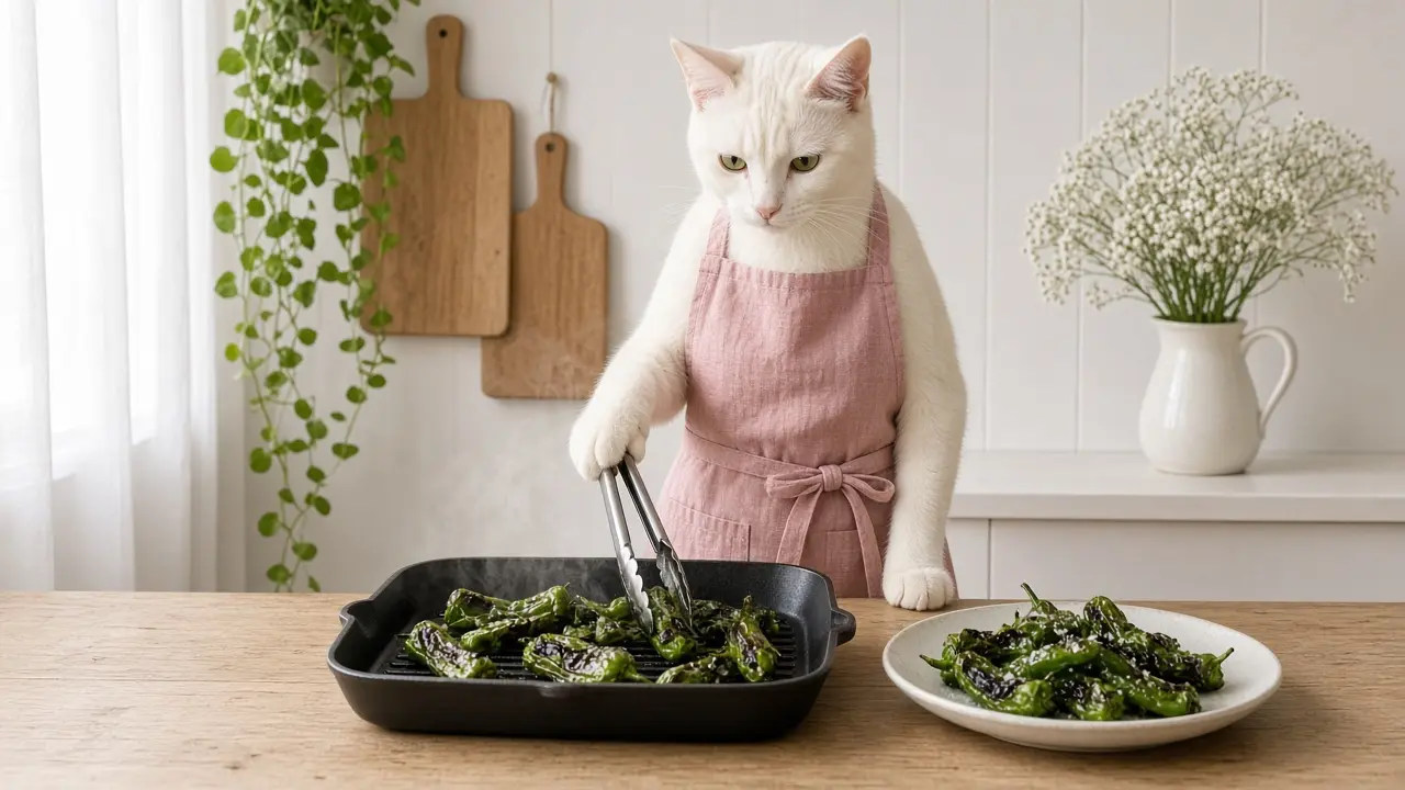 A cream-coloured cat in a pink apron, cooking this dish