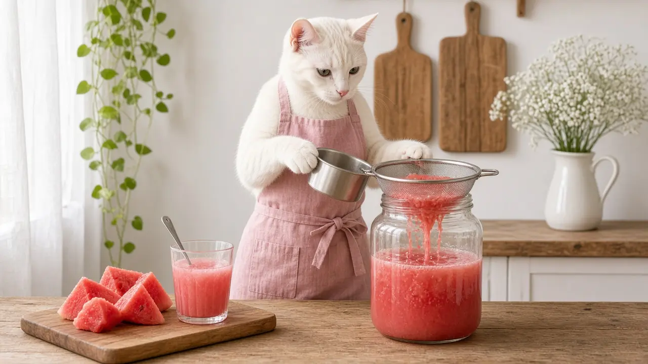A cream-coloured cat in a pink apron, cooking this dish