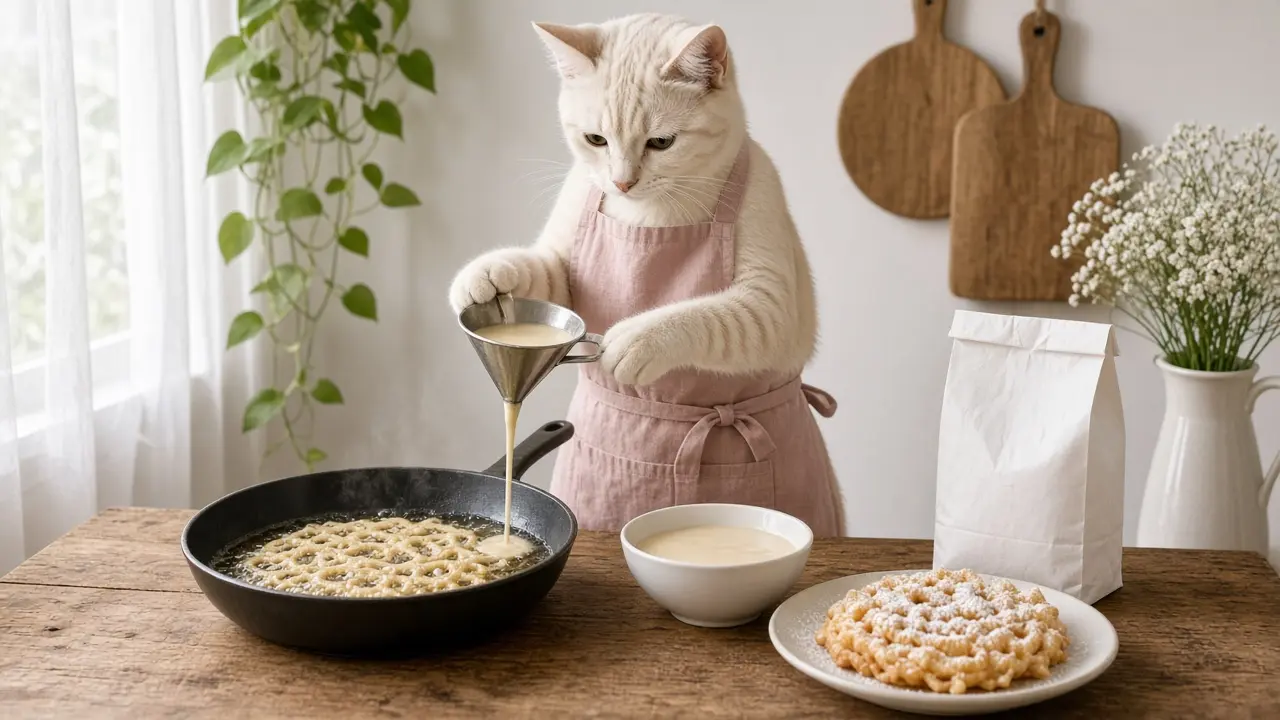 A cream-coloured cat in a pink apron, cooking this dish