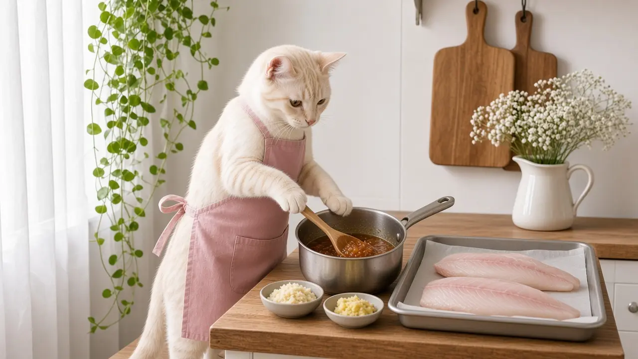 A cream-coloured cat in a pink apron, cooking this dish