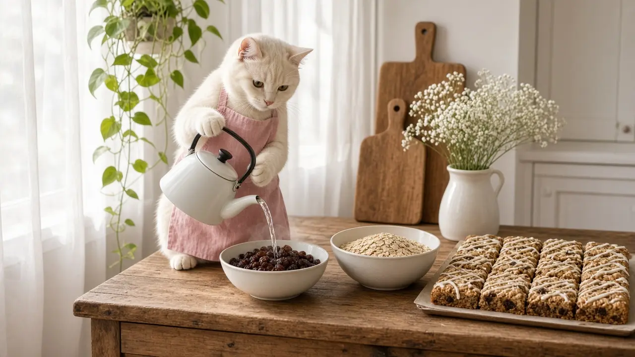 A cream-coloured cat in a pink apron, cooking this dish