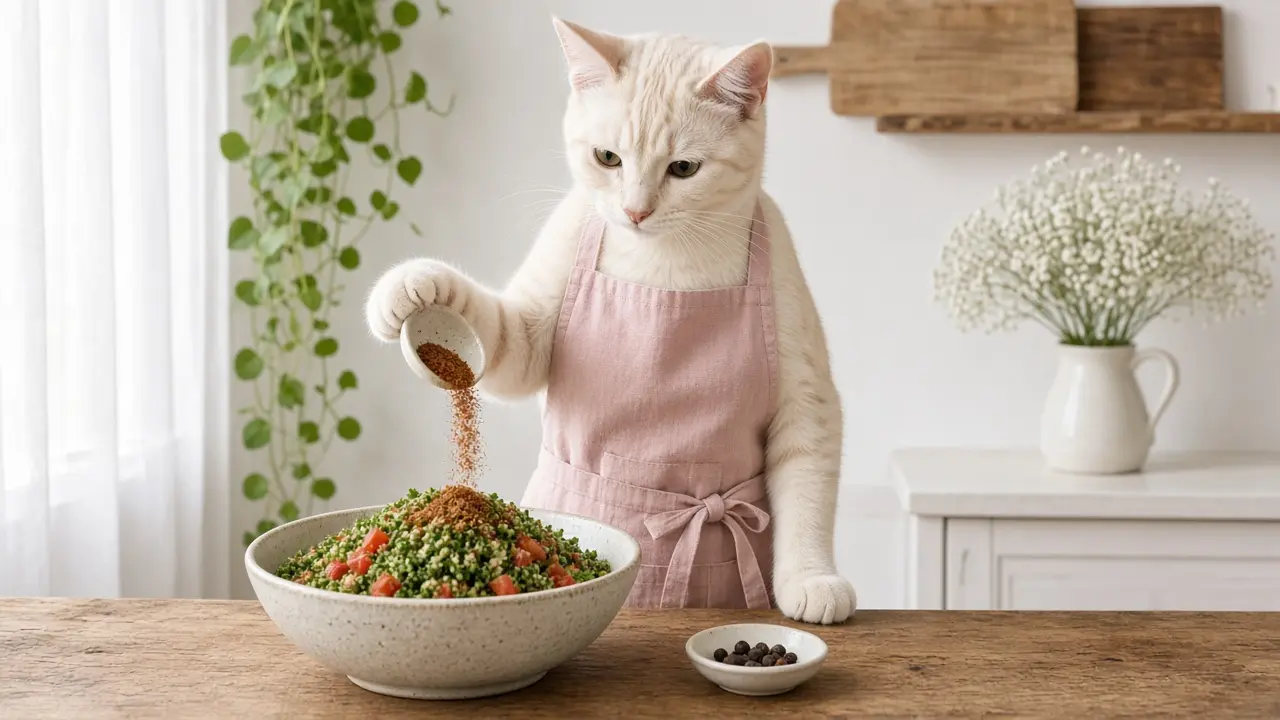 A cream-coloured cat in a pink apron, cooking this dish