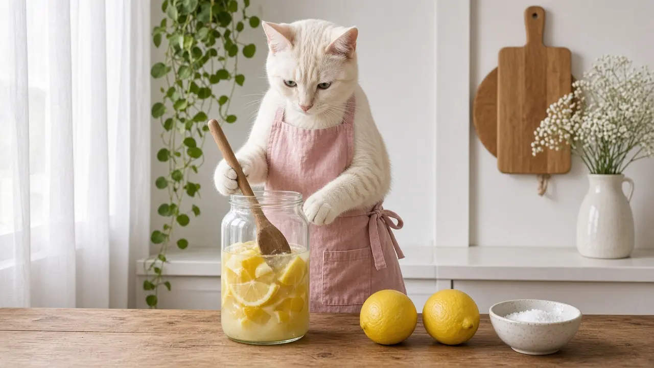 A cream-coloured cat in a pink apron, cooking this dish