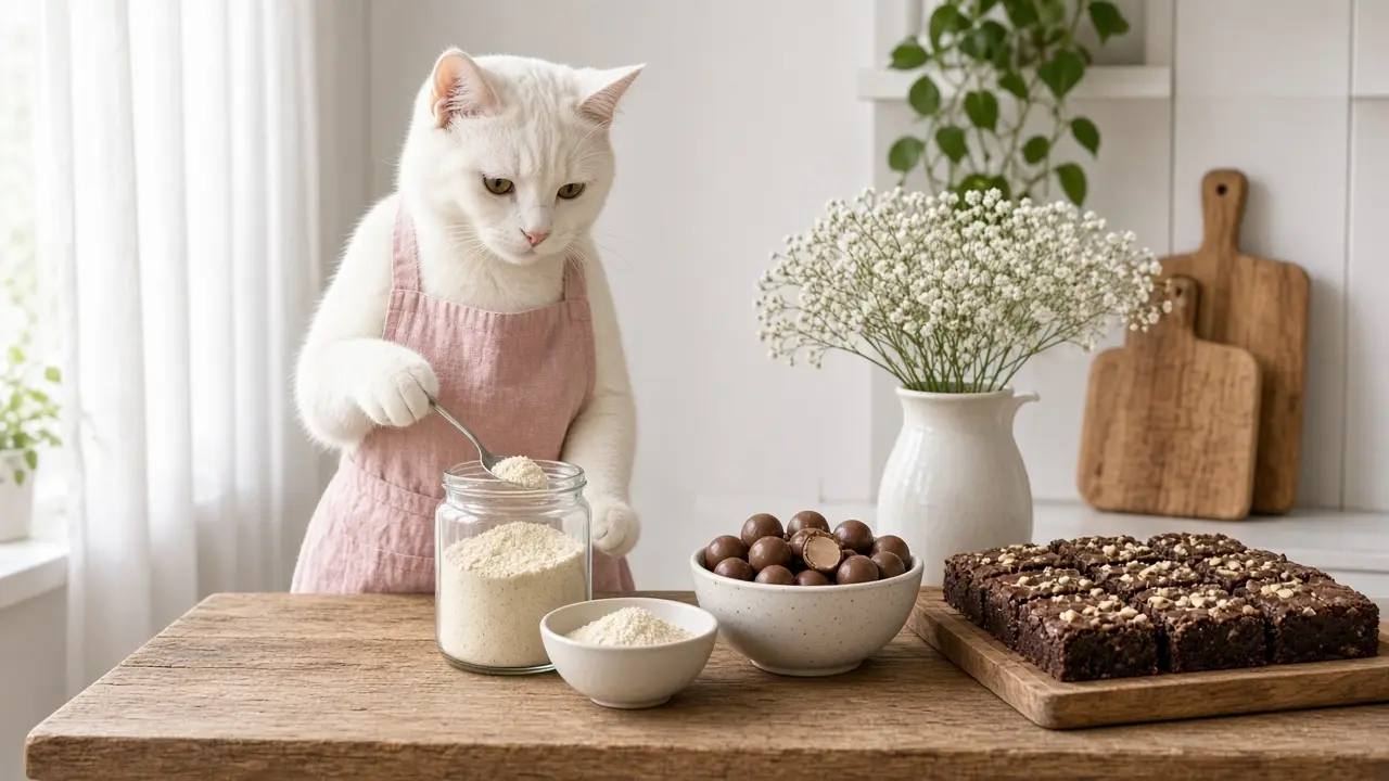 A cream-coloured cat in a pink apron, cooking this dish