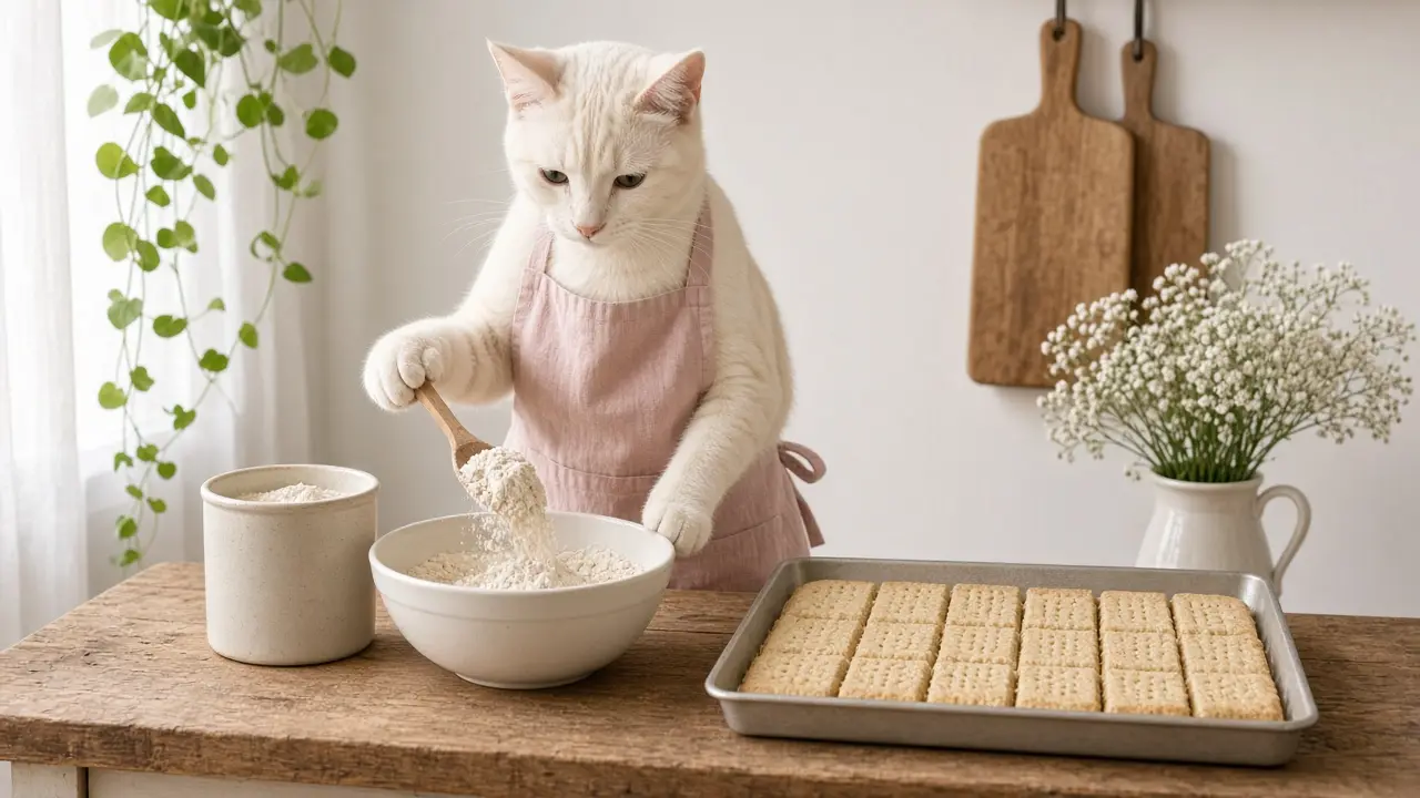 A cream-coloured cat in a pink apron, cooking this dish